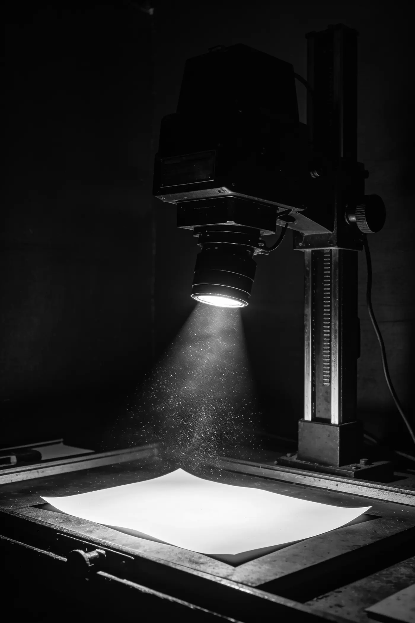 An enlarger in the dark, a cone of light falling onto a sheet of photographic paper